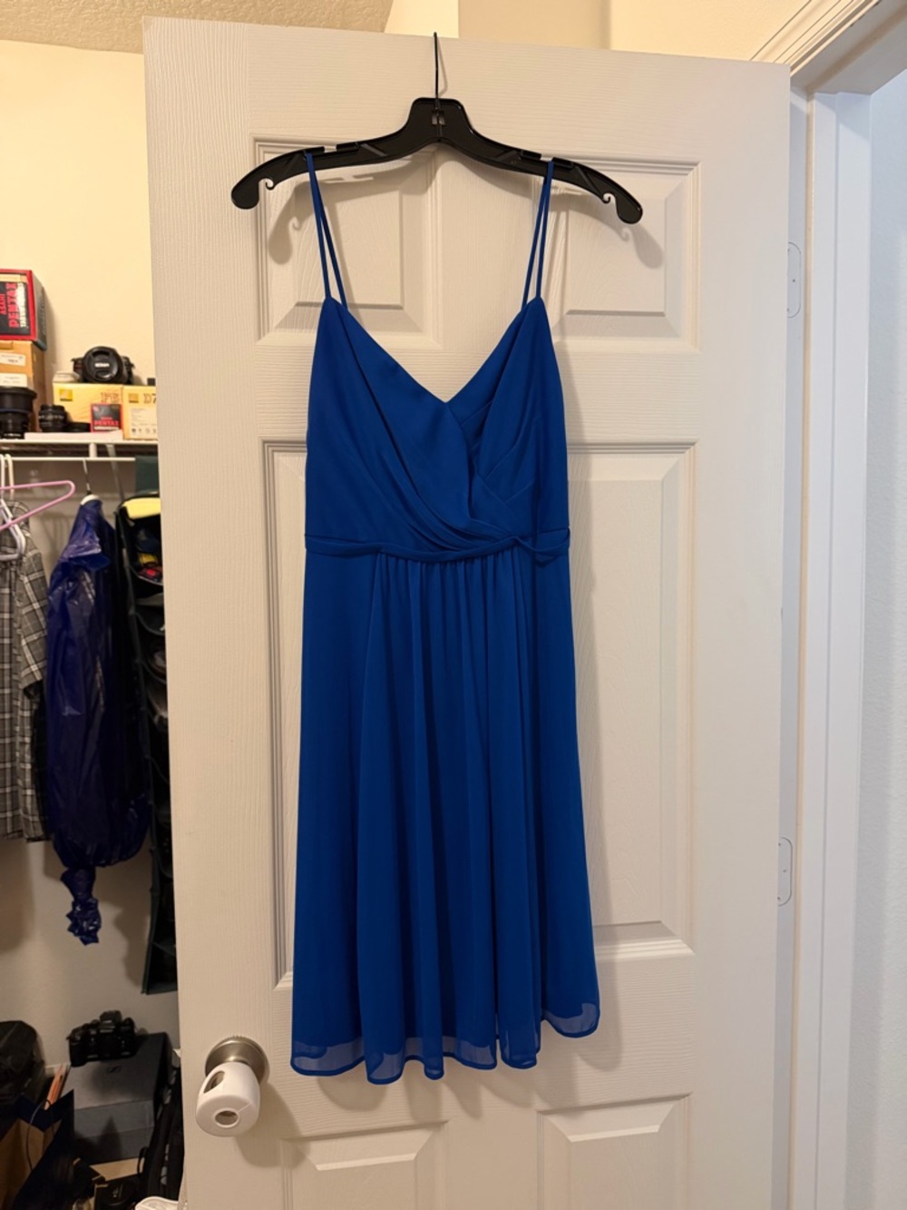 David's Bridal Cobalt Blue Spaghetti Strap Midi Dress